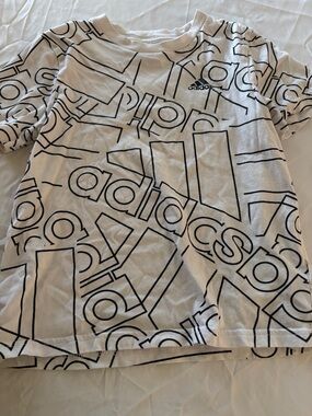 adidas White Tee with Black Allover Logo Print